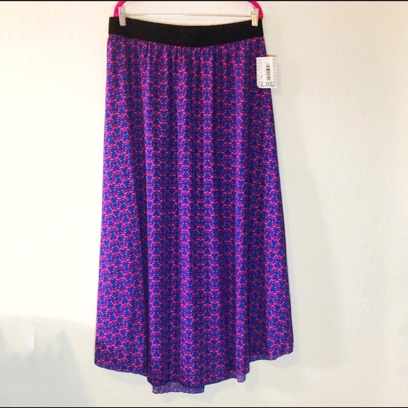 LuLaRoe Maxi Skirt Lucy Pink & Blue Pattern w/ Black Elastic Waist Sz 2X BNWT
